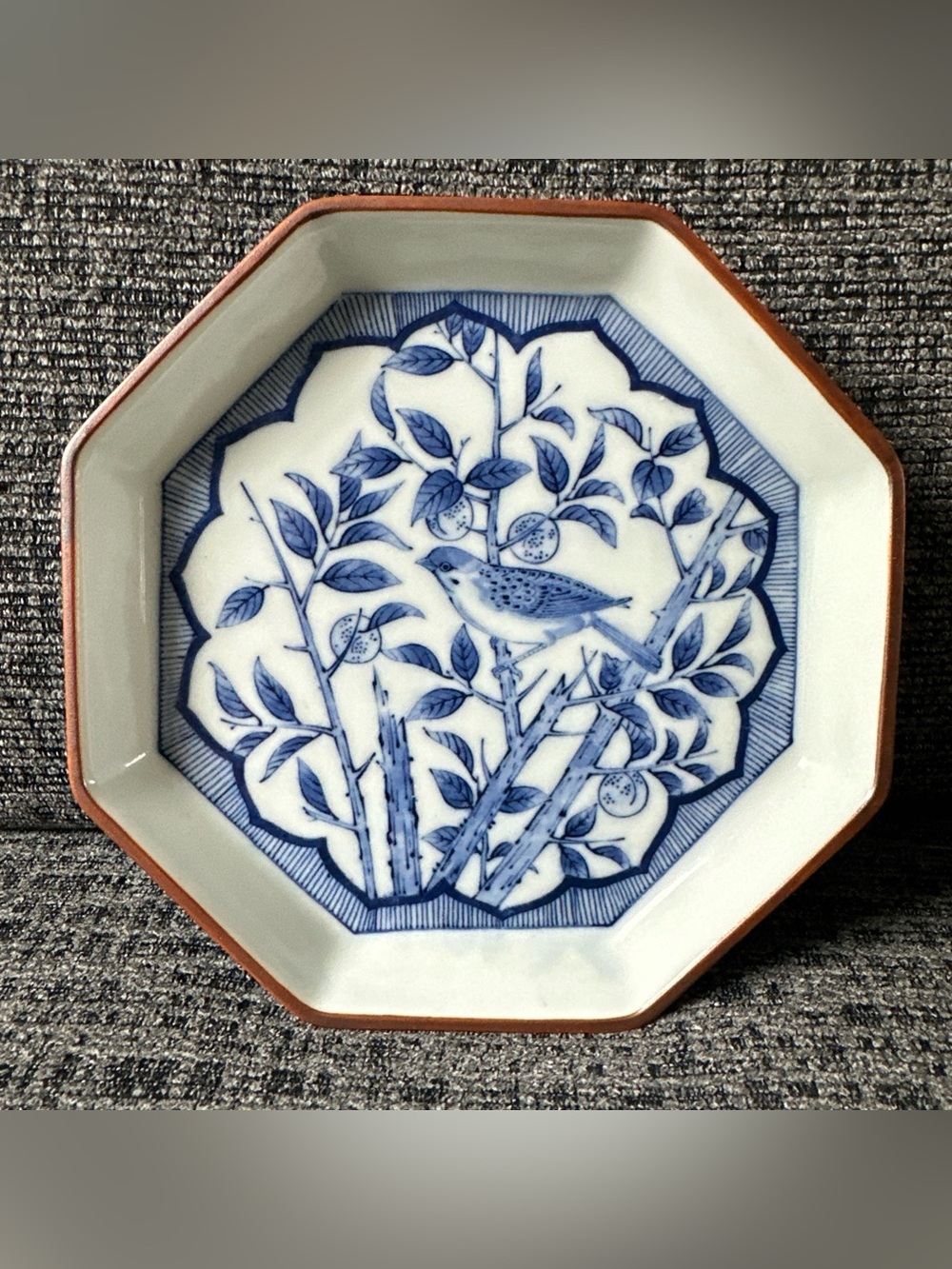 Octagonal Blue & White Qing Chinese Plate 1880s Bird And Berries.